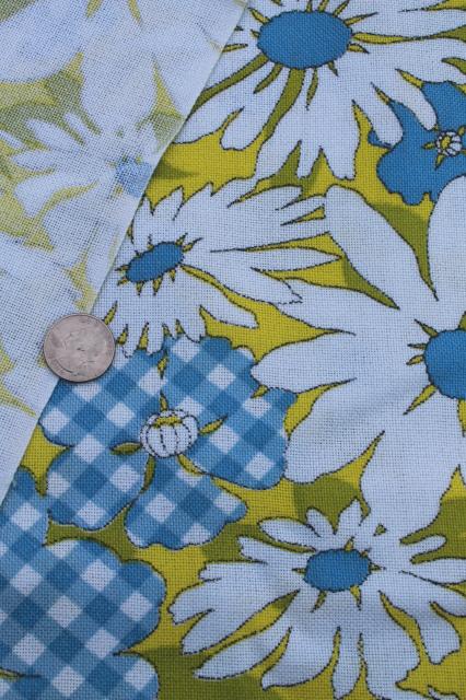 60s vintage print fabric retro daisy gingham flowers lime green linen weave